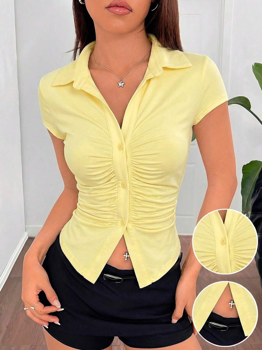SHEIN EZwear Pale Yellow Ruched Fitted Short Sleeve T-Shirt,Summer Top - Light Yellow - View 1