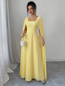 Elenzga Đầm chữ A cổ áo choàng, chất liệu chiffon phối nhiều mảnh, đính ngọc trai và đá pha lê, thanh lịch và lãng mạn, thích hợp cho khách dự đám cưới, tiệc tùng hoặc hẹn hò. - Vàng nhạt - Xem 5