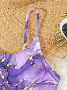 SHEIN Trajes de baño para niñas de secado rápido con espalda cruzada, traje de baño con correa ajustable de 8 a 14 años - Púrpura malva - Ver 5