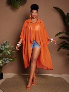 Maweii Plus Size Women's Solid Color Single-Breasted Casual Versatile Daily Wear Shirt - Orange - View 4