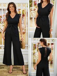 SHEIN V-Neck Lace Trim Long Jumpsuit, Maternity Vacation Casual Wear - Black - View 1