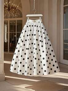 SHEIN Franclia Elegant Commuting & Everyday All-Match Versatile Polka Dot Flared Long Skirt For Women - White - View 1