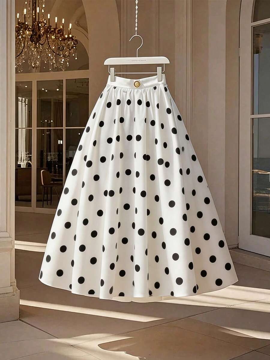 SHEIN Franclia Elegant Commuting & Everyday All-Match Versatile Polka Dot Flared Long Skirt For Women - White - View 1