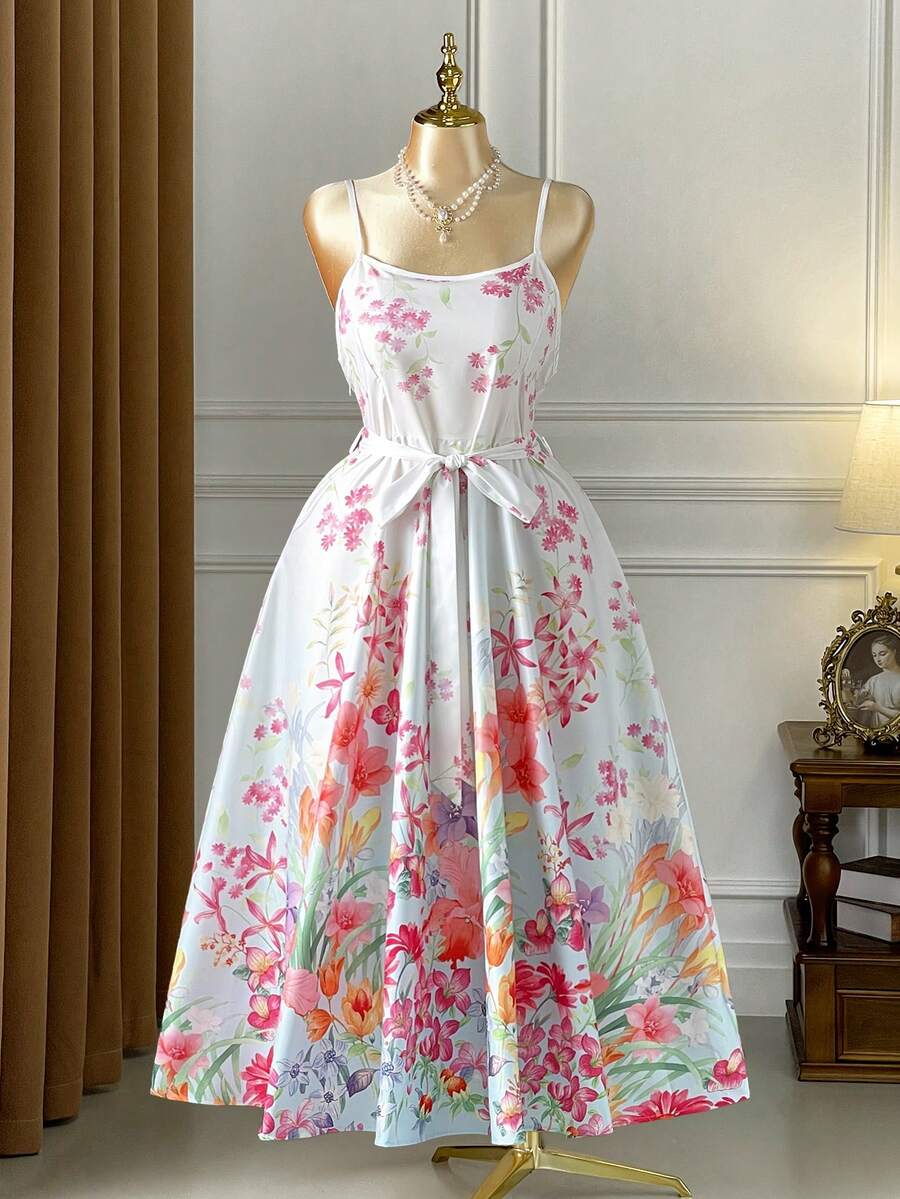 DreamSkyne Plus Size Women Floral Print Twist Ruched Waist Elegant Cami Dress, Suitable For Dates And Parties - Multicolor - View 1