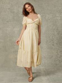 WESTFADE Yellow Elegant Summer Tea Party Twist Front Ruched Short Puff Sleeve Fit & Flare Embroidered Chiffon Midi Dress,Boho Casual Vacation Beach Resort Wear - White - View 3