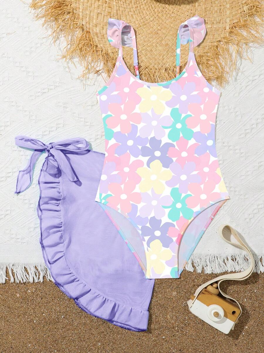 1pc Young Girl Colorful Flower Printed One-Piece Swimsuit With Mesh Skirt Summer Holiday - Multicolor - View 1