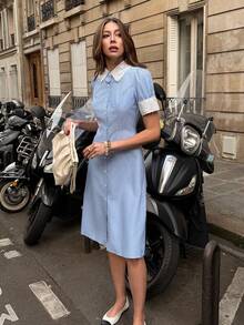 Pariaura 女士撞色蕾丝条纹翻领短袖单排扣衬衫裙 - 藍白色 - 查看 5