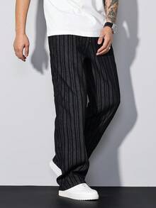 Manfinity Homme Quần jean denim jacquard kẻ sọc đen dành cho nam, kiểu dáng rộng rãi, ống quần. - màu đen - Xem 6