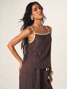 MISSGUIDED Áo hai dây nữ màu nâu phối tương phản, không tay, kiểu dây mảnh, thích hợp mặc ngoài hàng ngày. - màu nâu - Xem 4