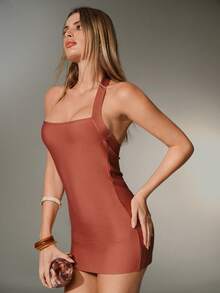 Nuvra Women's Sexy Backless Bodycon Vacation Dress, Curve-Hugging Ribbed Knit Bandage Design - Orange - View 8