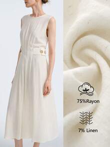 Aalyst Women's Spring/Summer New Arrival Elegant Commuting Dress, Minimalist Versatile, Suitable For Afternoon Tea, Party, Wedding, Waist Cinched Design With Metal Accent, Light Apricot Sleeveless Dress - Apricot - View 2