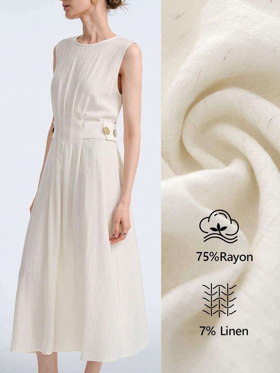 Aalyst Women's Spring/Summer New Arrival Elegant Commuting Dress, Minimalist Versatile, Suitable For Afternoon Tea, Party, Wedding, Waist Cinched Design With Metal Accent, Light Apricot Sleeveless Dress