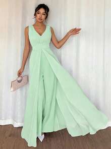 Rafferiza 优雅V领褶裥腰身珍珠雪纺阔腿连体裤，适合婚礼宾客穿着，紫色 - 橄欖綠 - 查看 4