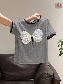 女士休闲印花短袖圆领T恤 - 灰色 - 查看 3