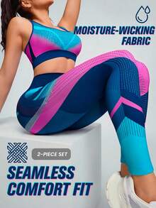 Innovista Bộ đồ thể thao nữ liền mạch in họa tiết trừu tượng chuyển màu, có mút ngực tháo rời, lưới thoáng khí, quần legging cạp cao và áo croptop, thích hợp cho yoga ngoài trời, đạp xe trong nhà, đấm bốc, chạy bộ, đi làm, Peloton, Australian Open, thể dục, làm đẹp, động lực tập gym tháng Giêng, đồ dùng cần thiết cho ngày Valentine, trang phục năng động, bộ đồ thể thao nữ, màu xanh nhạt và hồng. - Màu xanh lam - Xem 2
