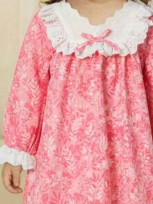 LMoss Kids 女婴春夏休闲蕾丝边碎花长袖连衣裙，粉色 - 彩色 - 查看 5