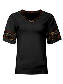 EMERY ROSE Women's Botanical Print Minimalist V-Neck Short Sleeve T-Shirt, Casual Daily Wear - Multicolor - View 3