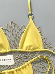Swim SXY Conjunto de bikini con accesorio de anillo circular en el cuello y lazo lateral - Amarillo - Ver 7