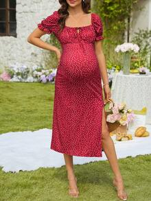 SHEIN Polka Dot Petal Sleeve Tie Front Ruffle Trim Maternity Dress, Suitable For Summer Vacation & Beach - Burgundy - View 3