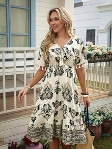 Louniche Women's Casual Vacation Print V-Neck Fringe Splice Raglan Sleeve Waist A-Line Midi Dress, Spring/Summer - Multicolor - View 4