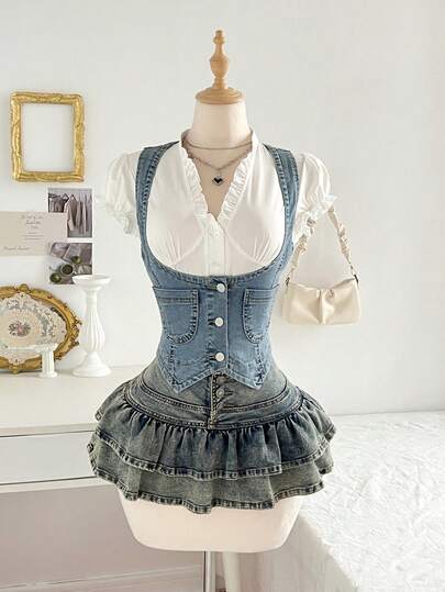 Elamini Áo denim không tay dáng lệch vạt, cài cúc trước, có túi dành cho nữ