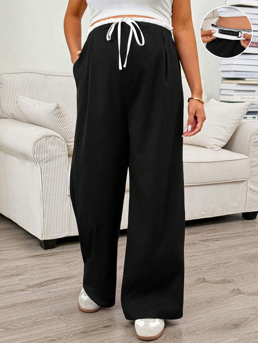 SHEIN Adjustable Waist Casual Loose Fit Maternity Pants, Versatile For Daily Wear - Black and White - View 1