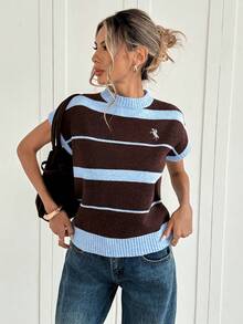 Siren Gaze Áo dệt kim mỏng nhẹ dành cho nữ, kiểu dáng giản dị, tối giản, phối màu tím và xanh sọc, họa tiết đồng xu cổ và ngựa trắng thêu, thích hợp cho đầu xuân. - Nhiều màu - Xem 4