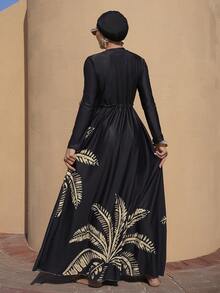 Swim Mulvari Women's 3 PiecesSwimsuit Set For Spring/Summer, Coconut Tree Print Long Sleeve Dress, Fitted Long Pants, And Hat, Modest Full Coverage Beach Vacation Swimwear - Black - View 2