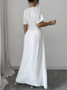 Elenzga Women's Shirred Cinched Waist Jacquard Pom Pom Elegant Romantic Party Casual Beach Wedding Guest Daily Commute White Short Sleeve Dress, Summer - White - View 2