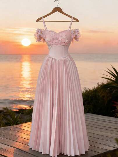 Elenzga Women's Spring/Summer New Elegant Romantic French Sweet Pure Dress, High-End 3D Floral Design, Pleated Waist-Cinching A-Line Dress, Pink One-Shoulder