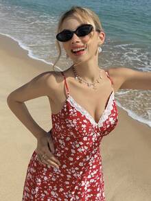 MainGRL Women's Casual Ditsy Floral Spaghetti Strap Mid-Length Dress - Red - View 6