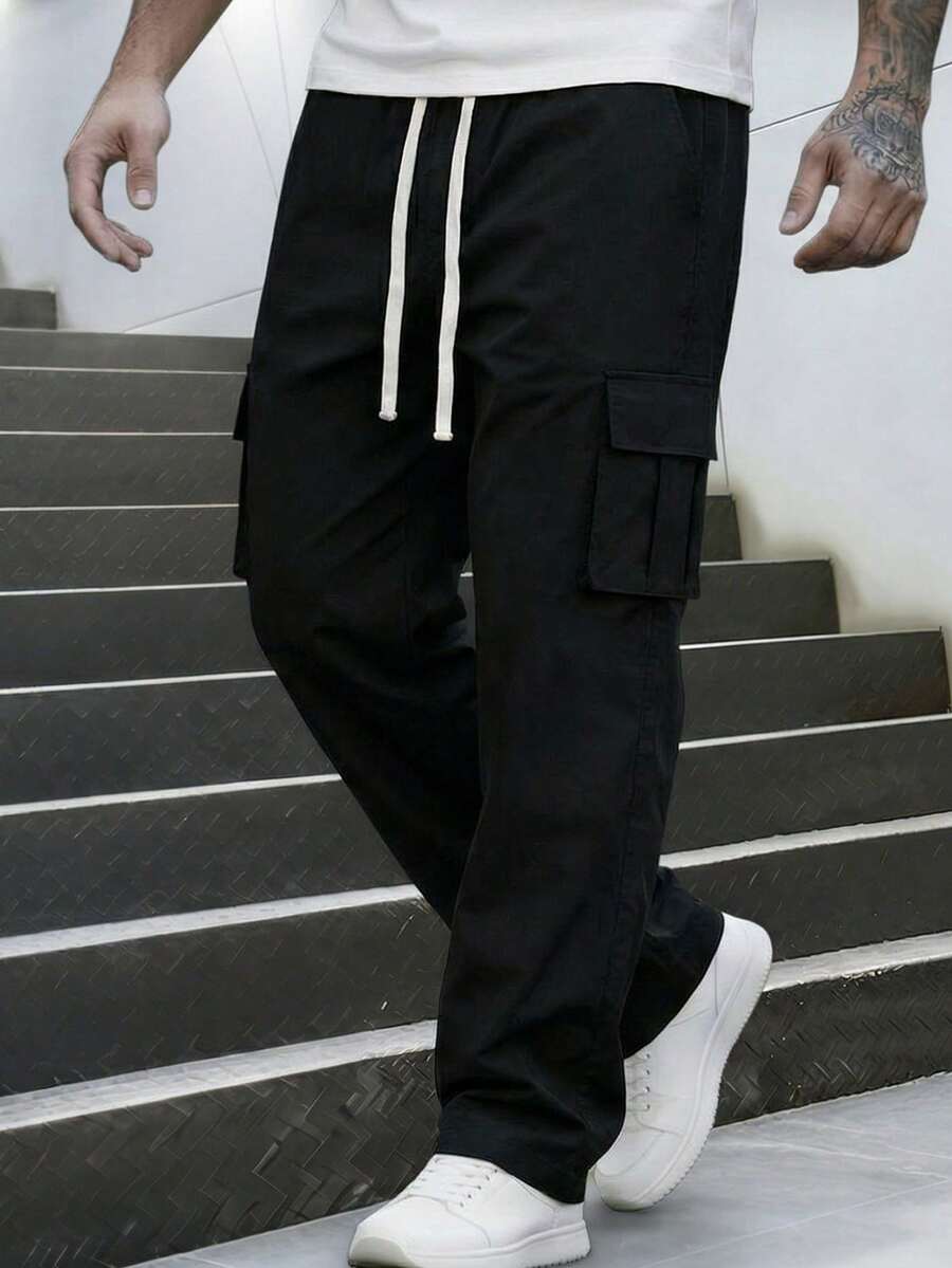 Manfinity Homme 男士休闲日常通勤简约纯色抽绳腰斜插口袋长裤 - 黑色 - 查看 1