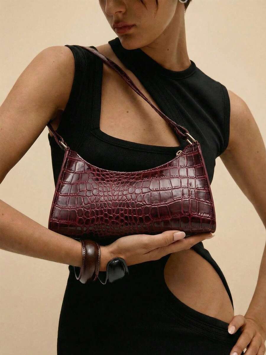 Glamine 女士纯色简约单肩包，日常休闲，时尚勃艮第包 - 酒紅色 - 查看 1