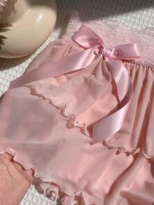 Comfortcana 女士浅粉色撞色蕾丝蝴蝶结装饰荷叶边A字裙，时尚新年装 - 淺粉色 - 查看 7