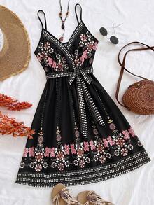 Breezaya Plus Size Women Floral Print Tie Bow Strap Casual Vacation Dress - Multicolor - View 4