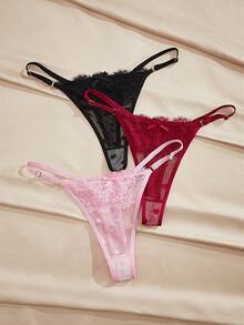 Charlaine 3pcs/Pack Women's Low Waist Lace G-String Panties With Random Heart Pattern - Multicolor - View 3