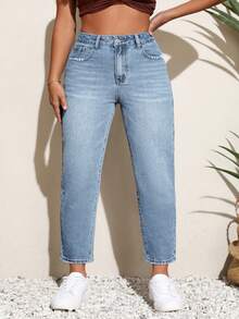 SHEIN CURVE+ Plus Size Solid Color Minimalist Everyday Jeans - Blue - View 5