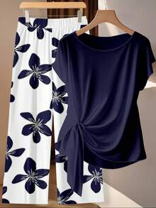 EMERY ROSE Women's Tie Bow Blouse And Straight Leg Pants 2 Pieces Set - Multicolor - View 5