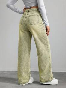 SHEIN ICON Quần jean denim nữ tối giản, bạc màu, thích hợp mặc hàng ngày. - màu xanh lá - Xem 2