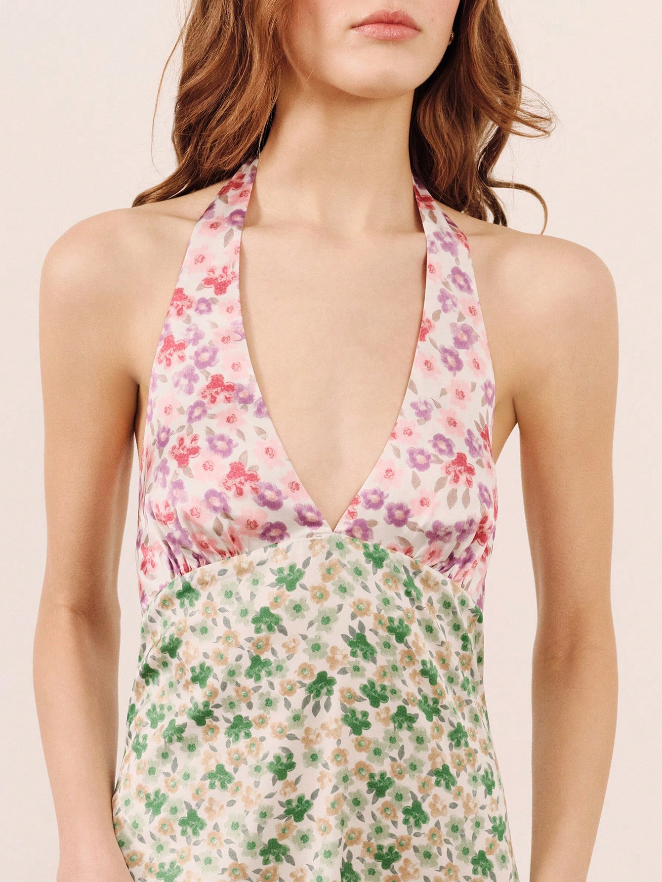 Pink And Green Floral Midi Satin Dress With V-Neckline Resort Dress Vacation Dress V Neck Holiday Dress Spring Summer Vacation French Style Parisian Style Going Out