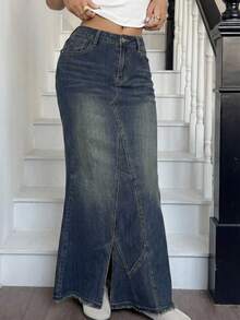 Aloruh Women's Casual Washed Asymmetric Pocket Fishtail Hem Denim Mini Skirt, Summer - Blue - View 12