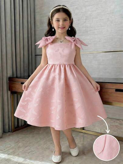 SHEIN Textured Fabric Flower Girl Dress With Bow Shoulder Decor, A-Line Silhouette, Short Length, Suitable For Weddings, Parties, Birthdays, Banquets
