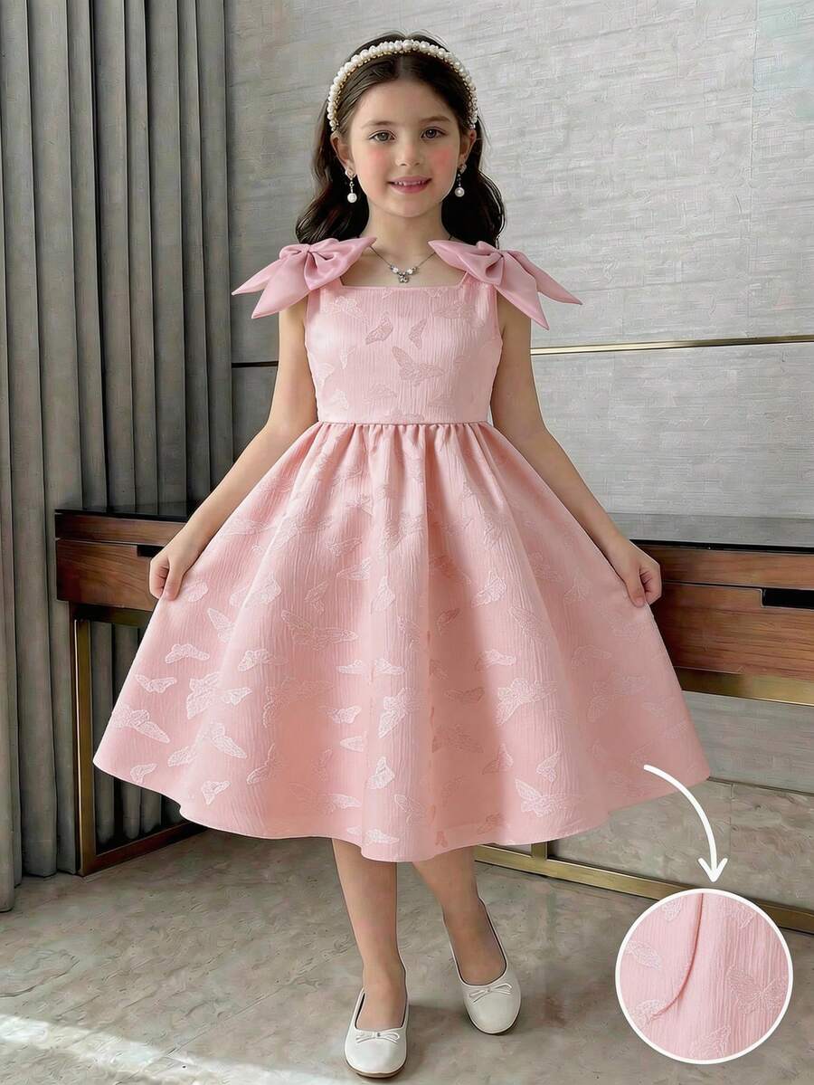SHEIN Textured Fabric Flower Girl Dress With Bow Shoulder Decor, A-Line Silhouette, Short Length, Suitable For Weddings, Parties, Birthdays, Banquets