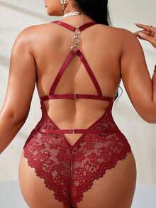 2pcs Plus Size Lace Wireless Lingerie Set, Intimate Apparel For Valentine's Day - Burgundy - View 6