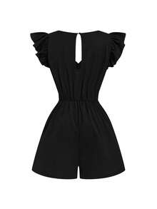 Endroma Women's Woven V-Neck Cap Sleeve Metal Buckle Waist Cinched Casual Jumpsuit - Black - View 2