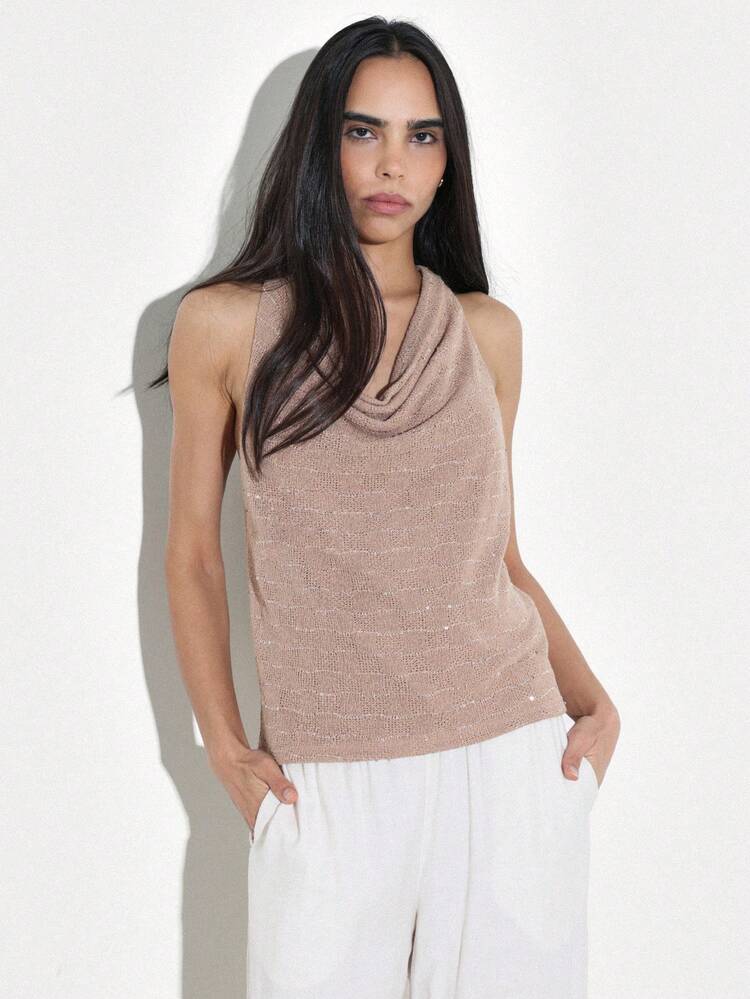 KSTM Débardeur tricoté sans manches avec encolure bénitier drapée, débardeur texturé scintillant pour le port casual du soir