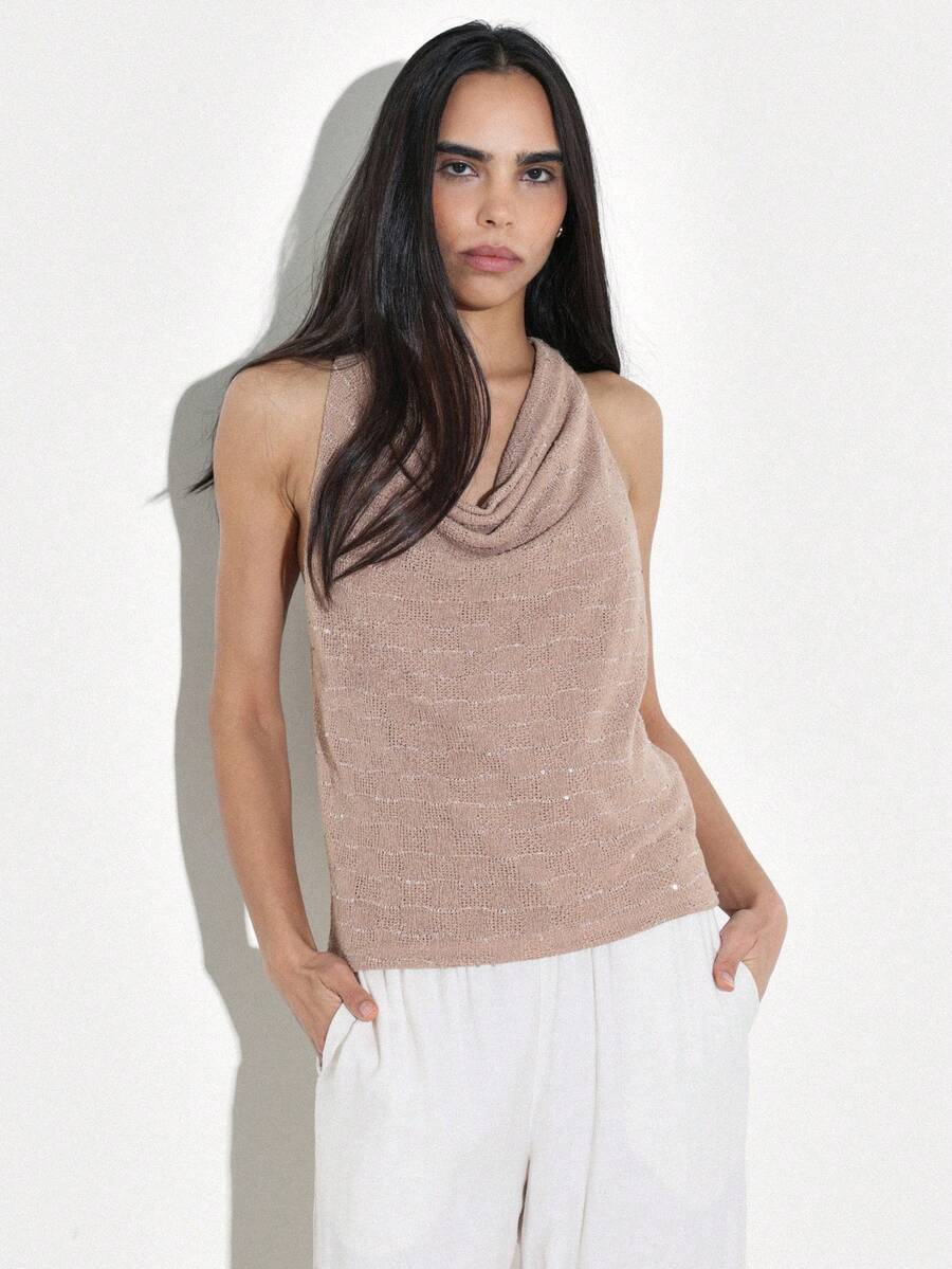 KSTM Áo tank top dệt kim không tay cổ yếm với đường viền cổ đổ, chất liệu lấp lánh, thích hợp cho trang phục thường ngày buổi tối. - Cà phê nâu - Xem 1