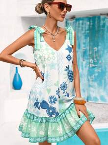 Vivid Eden Women's V-Neck Tie-Up A-Line Casual Artistic Print Slip Dress, Suitable For Summer Vacation - Multicolor - View 5