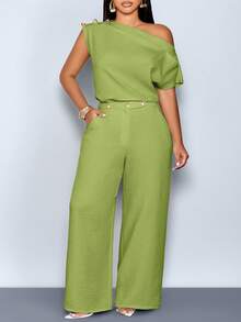 SOLERSUN Women's Plus Size Spring/Summer Elegant Asymmetrical Collar Sleeveless Metal Button Fitted Solid Color Blouse One Shoulder Shirt One Shoulder Top Office Date Evening Top Office Commuter Blouse, Top For Daily Wear Modest Clothes For Ladies Outfit Women Women Spring Outfit Women S Summer Outfits Women S Holiday Co Ord - Green - View 1