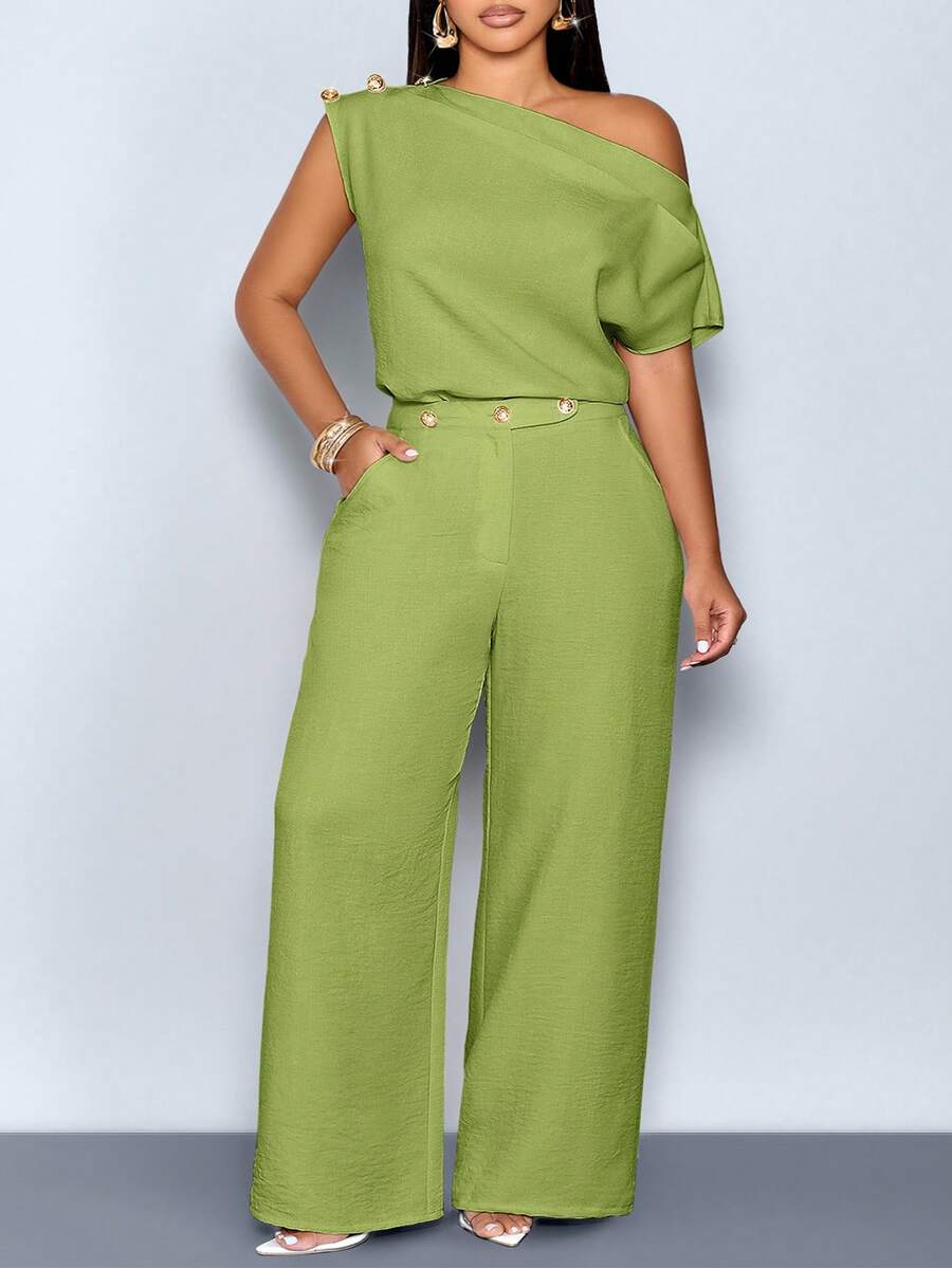 SOLERSUN Women's Plus Size Spring/Summer Elegant Asymmetrical Collar Sleeveless Metal Button Fitted Solid Color Blouse One Shoulder Shirt One Shoulder Top Office Date Evening Top Office Commuter Blouse, Top For Daily Wear Modest Clothes For Ladies Outfit Women Women Spring Outfit Women S Summer Outfits Women S Holiday Co Ord - Green - View 1